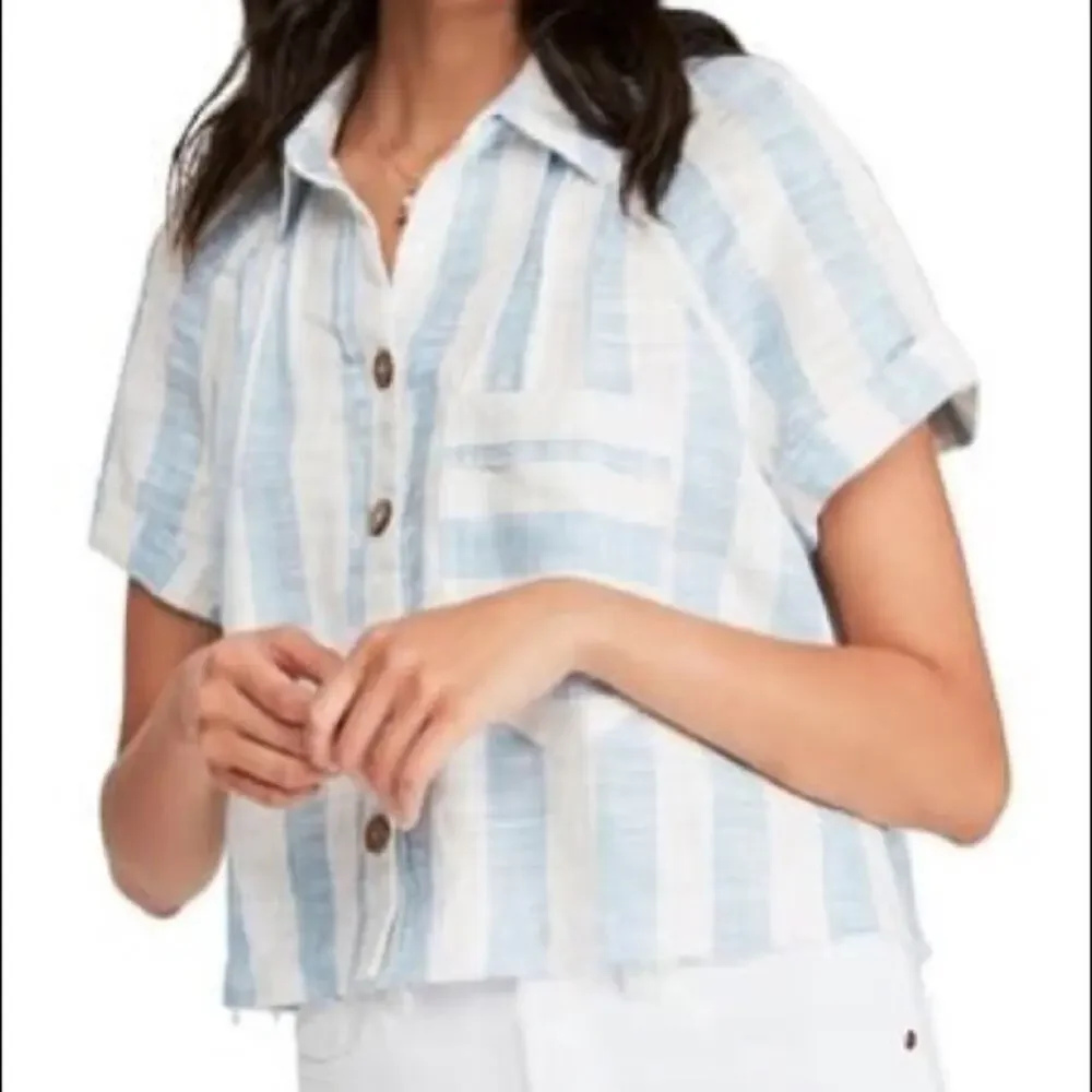Free People Blue and White Striped Short-Sleeve Button Shirt - Picture 6 of 12